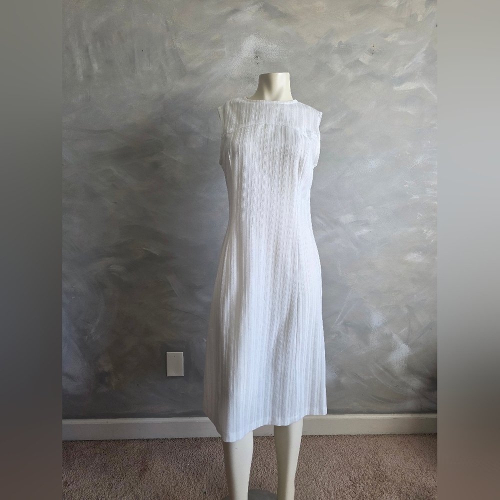 Vtg 60s Basic White Scoop Neck Sleeveless Vertical Stripe Midi Dress Sz 16 Silk